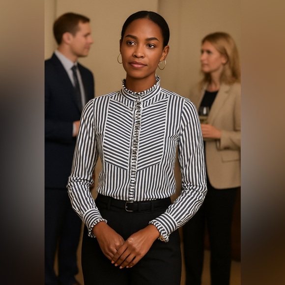 J.Crew tuxedo shirt Navy White Stripe Ruffle Size XS - Picture 1 of 15